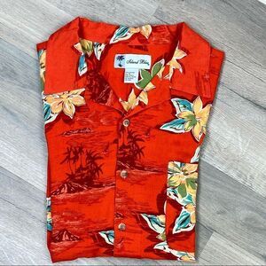 Island Blue Hawaiian Floral Camp Shirt‎ XL Red Button Front Short Sleeve Rayon
